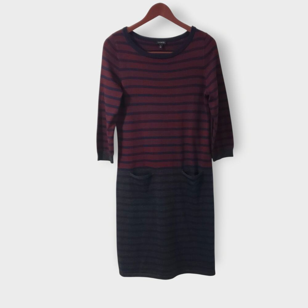 Talbots Wool Blend Striped Sweater Dress Burgundy Blue Sz Small Fall Business‎